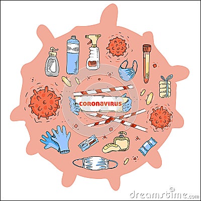 Means of individual protection and prevention of coronavirus infection. Coronavirus and disinfectants, personal care p Vector Illustration